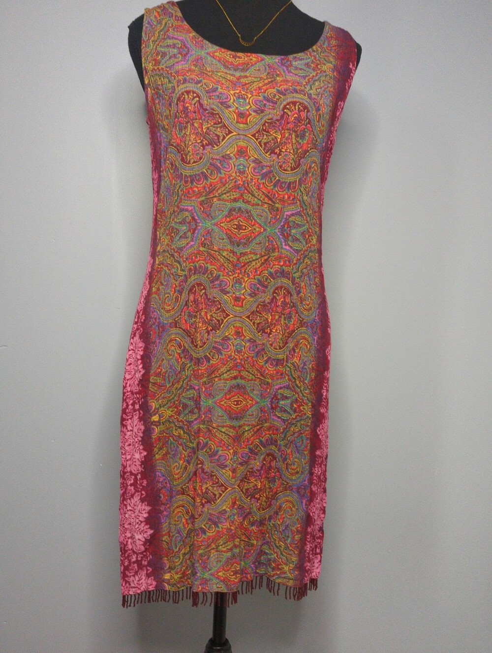 Gabrielle Sleeveless Rayon Hippie Shift Dress Pink Orange Paisley Boho Sz M